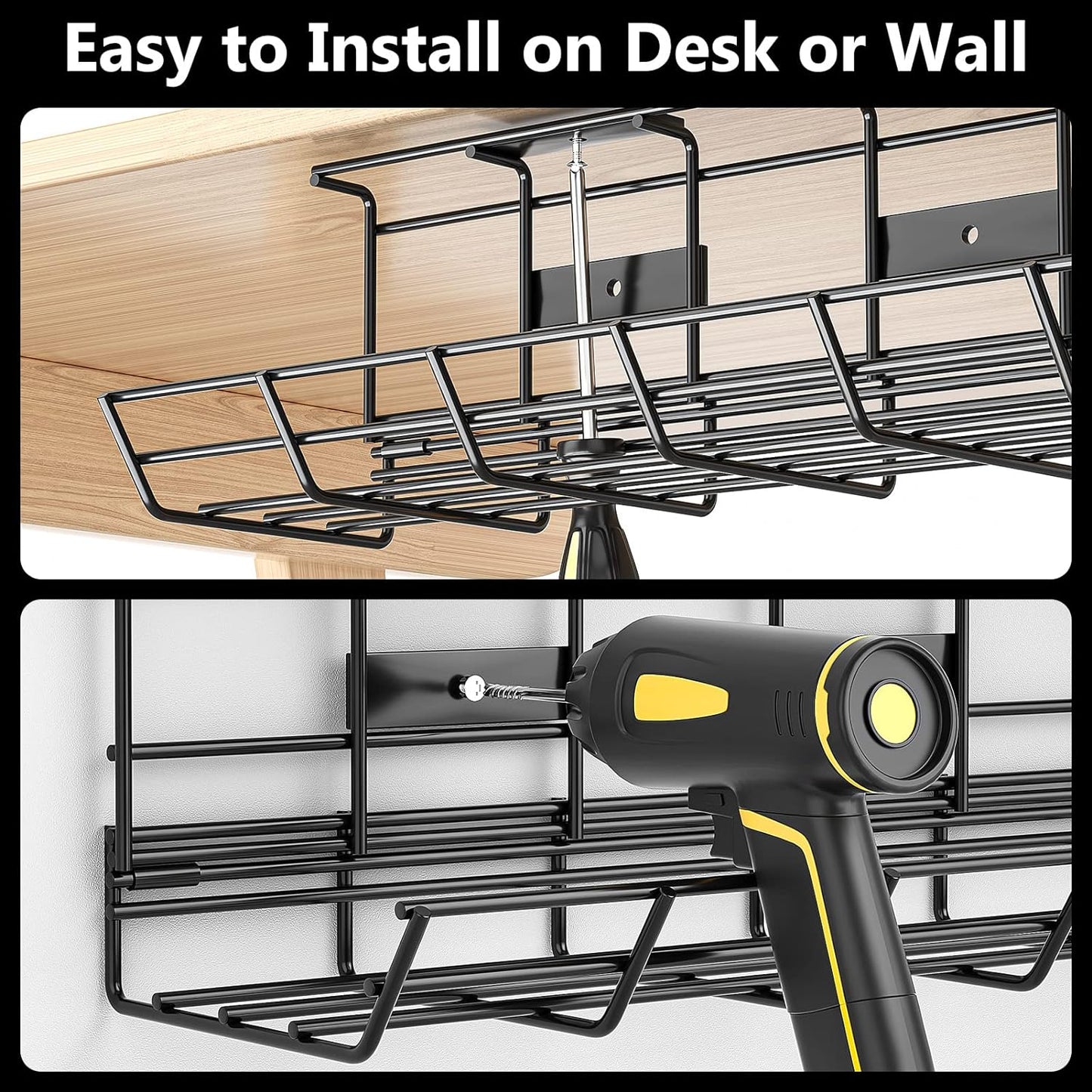 2 Pack  under Desk Cable Management Tray, Metal Cord Cable Organizer for Desk, Easy Install Pre-Drilled Wire Management Wire Organizer for Office & Home