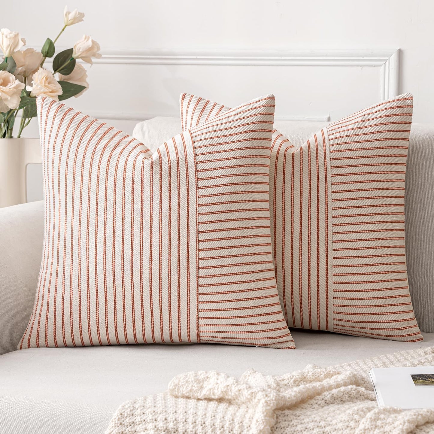 Fall Rust and Beige Patchwork Farmhouse Pillow Covers 18X18 Inch, Pack of 2 Striped Linen Decorative Modern Accent Pillow Cases for Sofa Couch Bedroom