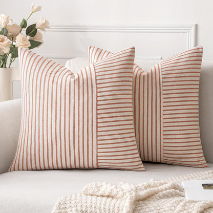 Fall Rust and Beige Patchwork Farmhouse Pillow Covers 18X18 Inch, Pack of 2 Striped Linen Decorative Modern Accent Pillow Cases for Sofa Couch Bedroom