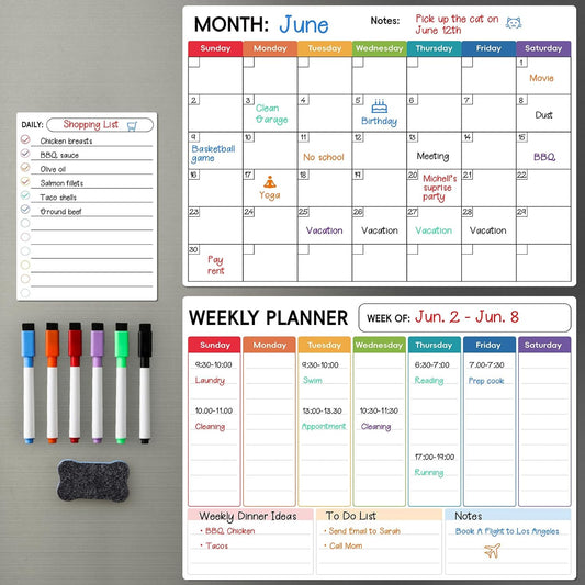 3 Pack Dry Erase Magnetic Calendar for Refrigerator - Monthly, Weekly, Daily Calendar with 6 Markers - Magnet Fridge Whiteboard for Reminder, Menu Meal Planner, Shopping, to Do List - Style 1