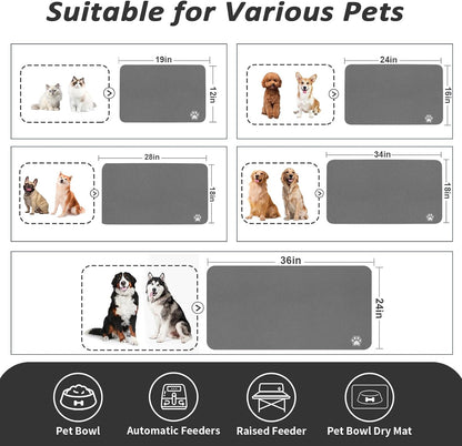 Pet Feeding Mat - Absorbent Dog Mat for Food and Water, No Stains Cat Bowl Mat, Easy to Clean Pet Placemats, Quick Dry Dog Water Dispenser Mat for Messy Drinkers | Paw Dark Grey 12"X 19"
