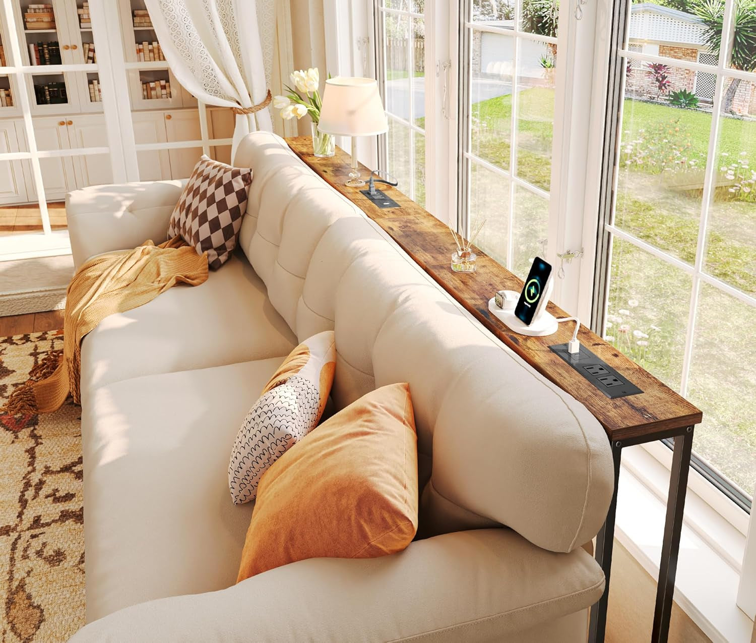 78.8-Inch Rustic Brown Narrow Console Table Set with Charging Station - Dual Sofa Tables for Living Room and Entryway