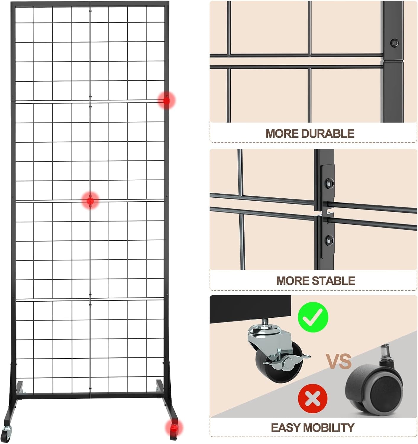 Gridwall Panel Display Stand - Craft Show Display Rack with Extra 24 Hooks, 2' X 5.5' Ft Black Metal Grids Standing Wire Rack for Retail Art Fair - 3 Set