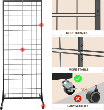 Gridwall Panel Display Stand - Craft Show Display Rack with Extra 24 Hooks, 2' X 5.5' Ft Black Metal Grids Standing Wire Rack for Retail Art Fair - 3 Set