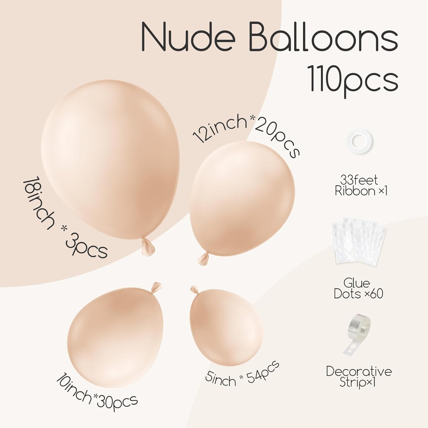 110Pcs Nude Balloon Arch Garland Kit, 18 12 10 5 Inch Apricot Balloons Different Sizes for Birthday Party Decorations