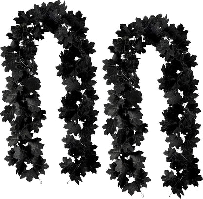 2 Pack Halloween Garland, 5.7FT Black Leaf Garland for Mantle, Artificial Hanging Black Maple Leaves Vines, Spooky Halloween Outdoor Floral, Haunted Mansion, Fireplace, Fall Decor
