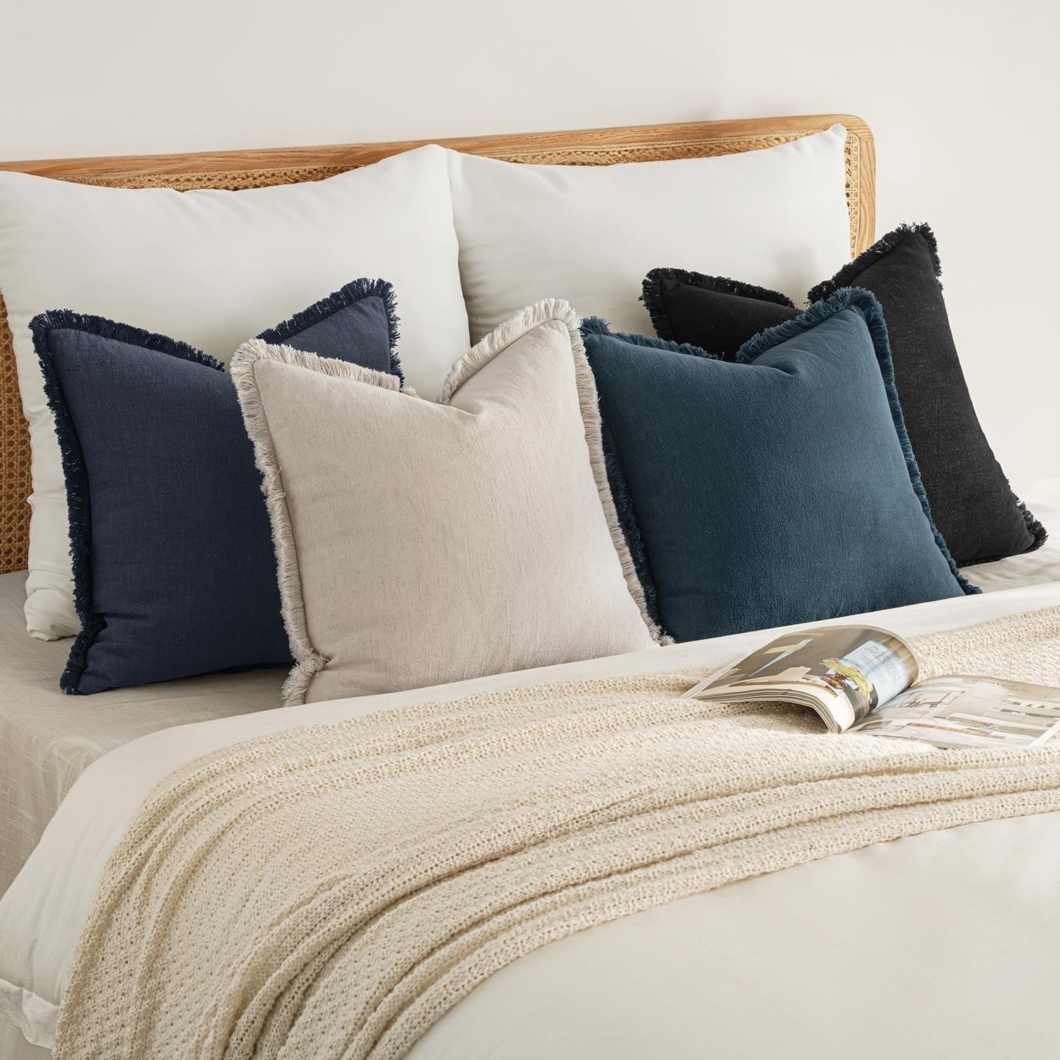 Christmas Decorative Couch Pillow Covers Neutral Linen Fringe Throw Pillows Set of 4 Boho Farmhouse Cushion Modern Pillowcases for Bed Sofa Living Room Home Decor 18X18 Inch Beige/Coastal Blue