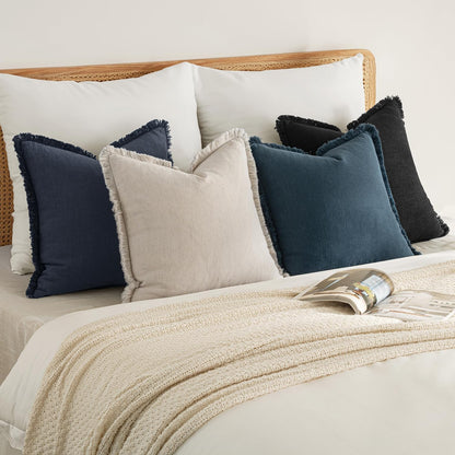 Christmas Decorative Couch Pillow Covers Neutral Linen Fringe Throw Pillows Set of 4 Boho Farmhouse Cushion Modern Pillowcases for Bed Sofa Living Room Home Decor 18X18 Inch Beige/Coastal Blue