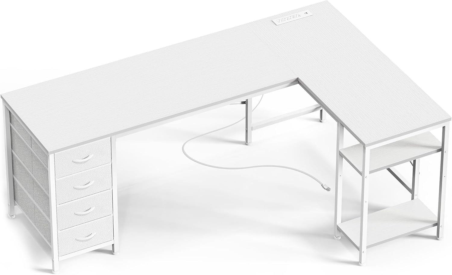63-Inch L-Shaped Desk with Fabric Drawers, Reversible Computer Gaming Desk Featuring Power Outlets and USB-C Port, Adjustable Side Storage Shelves for Home Office and Study Corner, White
