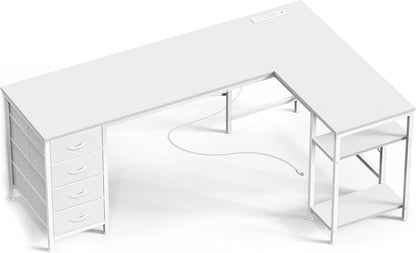 63-Inch L-Shaped Desk with Fabric Drawers, Reversible Computer Gaming Desk Featuring Power Outlets and USB-C Port, Adjustable Side Storage Shelves for Home Office and Study Corner, White