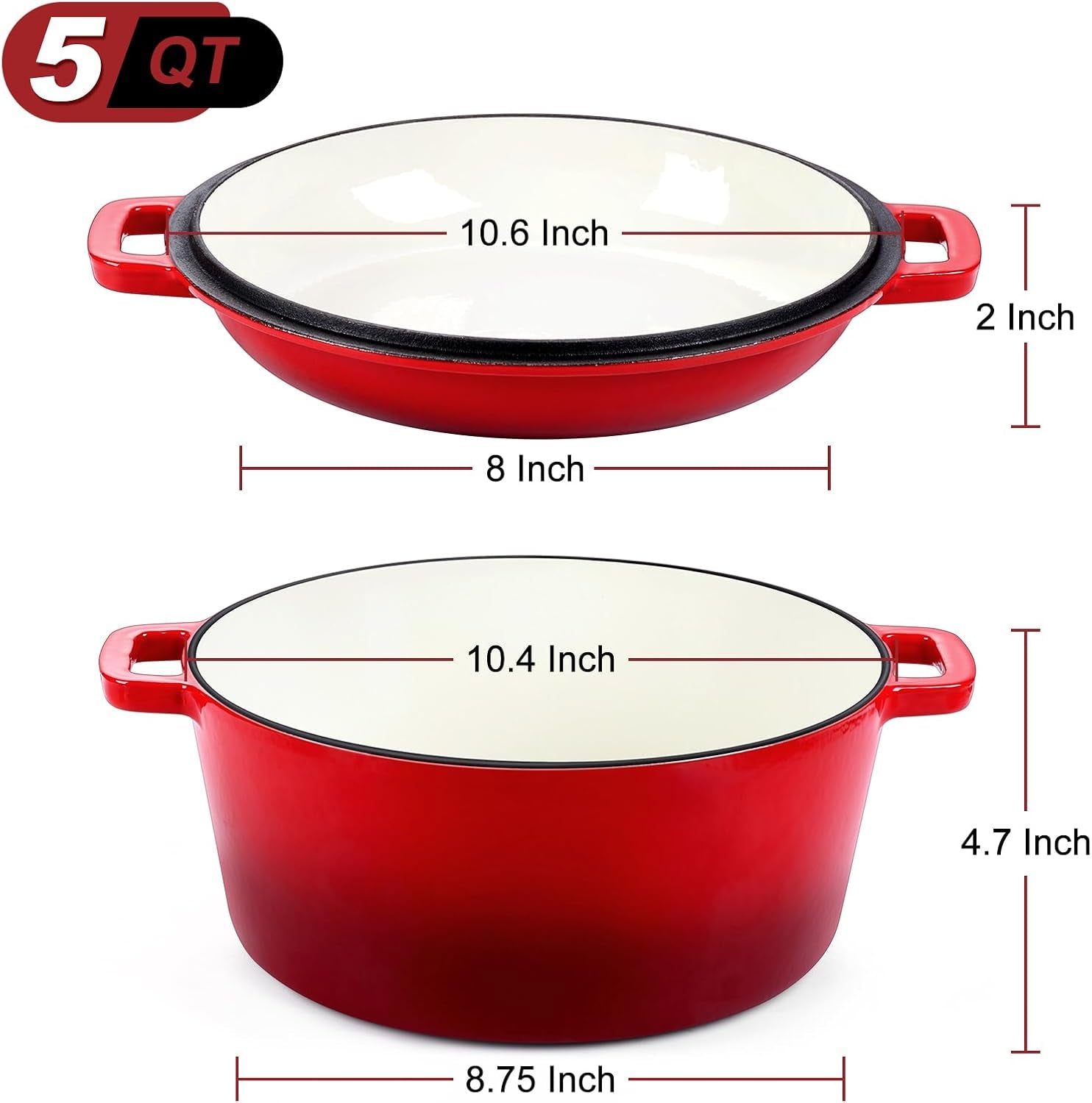 5Qt Dutch Oven Pot for Bread Baking (Red), 2 in 1 round Cast Iron Dutch Oven with Lid Set, Skillet & Pot for Roasting Braising Stewing Frying Simmering, Multi Stoves & Oven Safe