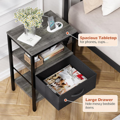 Charcoal Gray Nightstand with Charging Station and Adjustable Fabric Drawer, 3-Tier Storage End Table for Bedroom and Living Room