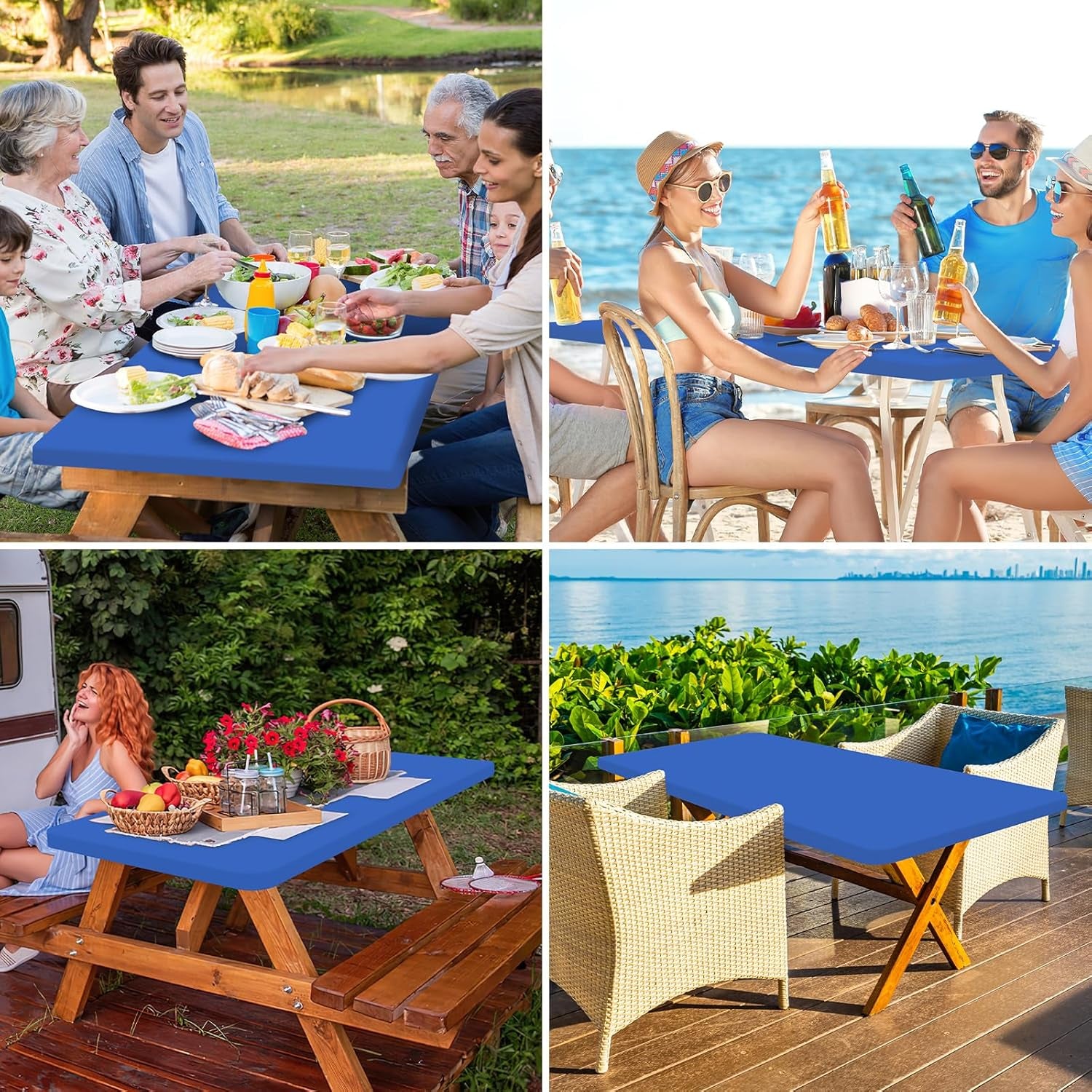 Rectangle Table Cloth Cover, Waterproof Polyester Elastic Fitted Tablecloth, Fits for 6 Foot Folding Tables, Washable Table Protector for Picnic, Camping, Outdoor (Blue, 30" X 72")