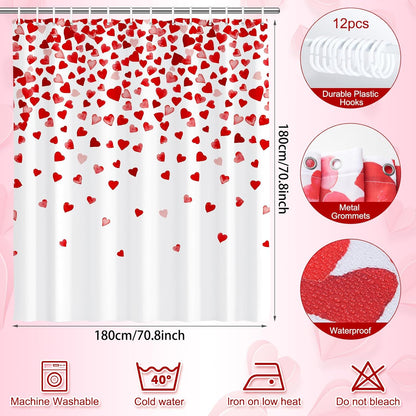 71 X 71 Inches Valentines Day Shower Curtain Top with Pink and Red Love Heart Romantic Bathroom Curtain Waterproof Polyester Curtain Hooks Set for Valentine'S Day Bathroom Decorations