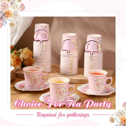 60 Sets of Floral Paper Tea Party Decorations - 6.5 Oz Disposable Teacups with Handles and Saucers for Hot and Cold Beverages - Pink Rustic Design for Birthday Celebrations