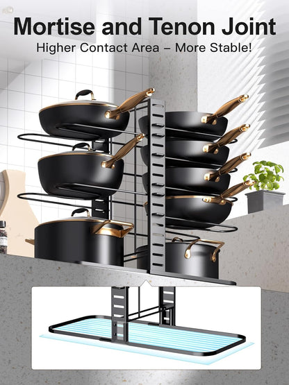 Pots and Pans Organizer Rack under Cabinet 14.55In Height, 8-Tier Kitchen Cabinet Organizers and Storage, Light-Duty Adjustable Pot Racks, Pan Organizers inside Cabinet with 3 DIY Methods