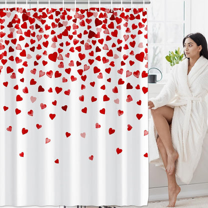 71 X 71 Inches Valentines Day Shower Curtain Top with Pink and Red Love Heart Romantic Bathroom Curtain Waterproof Polyester Curtain Hooks Set for Valentine'S Day Bathroom Decorations