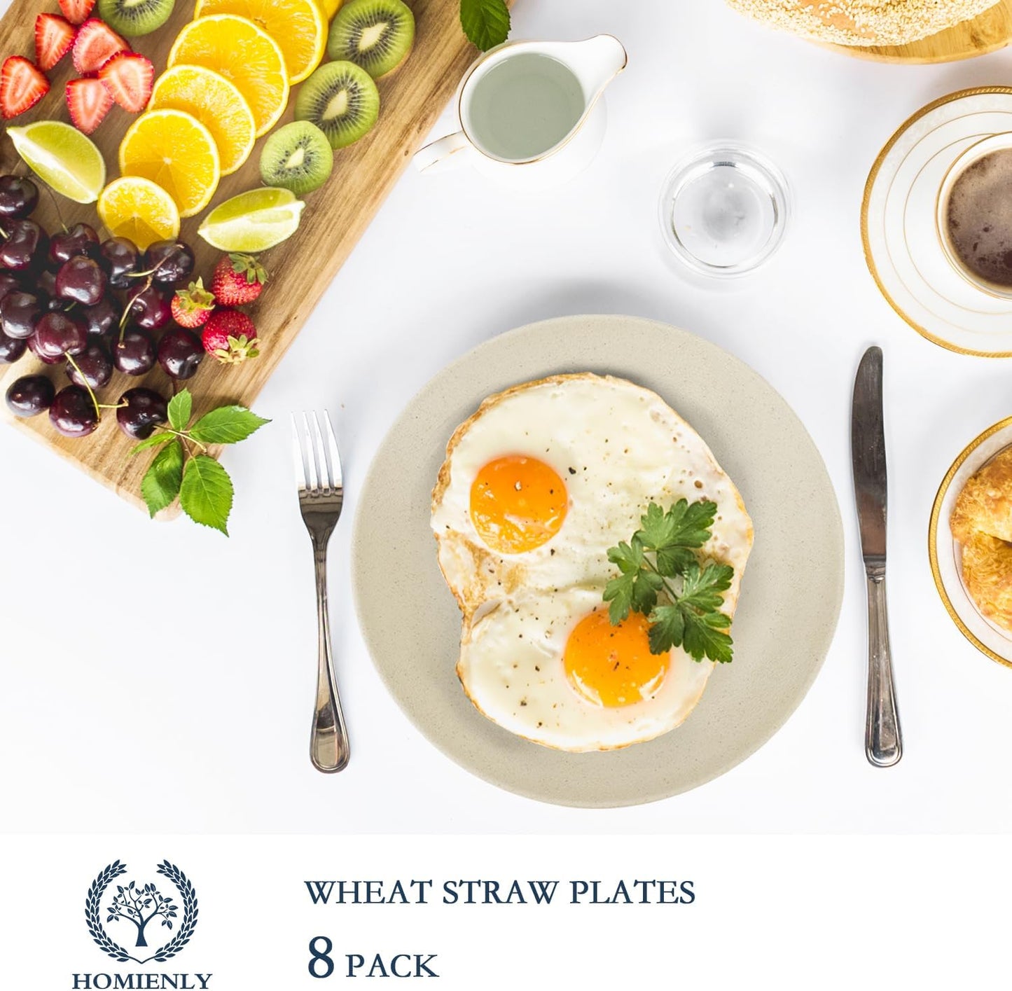 Wheat Straw Dinner Plate Set of 8 - Eco-Friendly, Microwave and Dishwasher Safe, Durable and Unbreakable - Perfect for Kitchen, Camping, Salads, and Appetizers (Beige, 10 Inch)