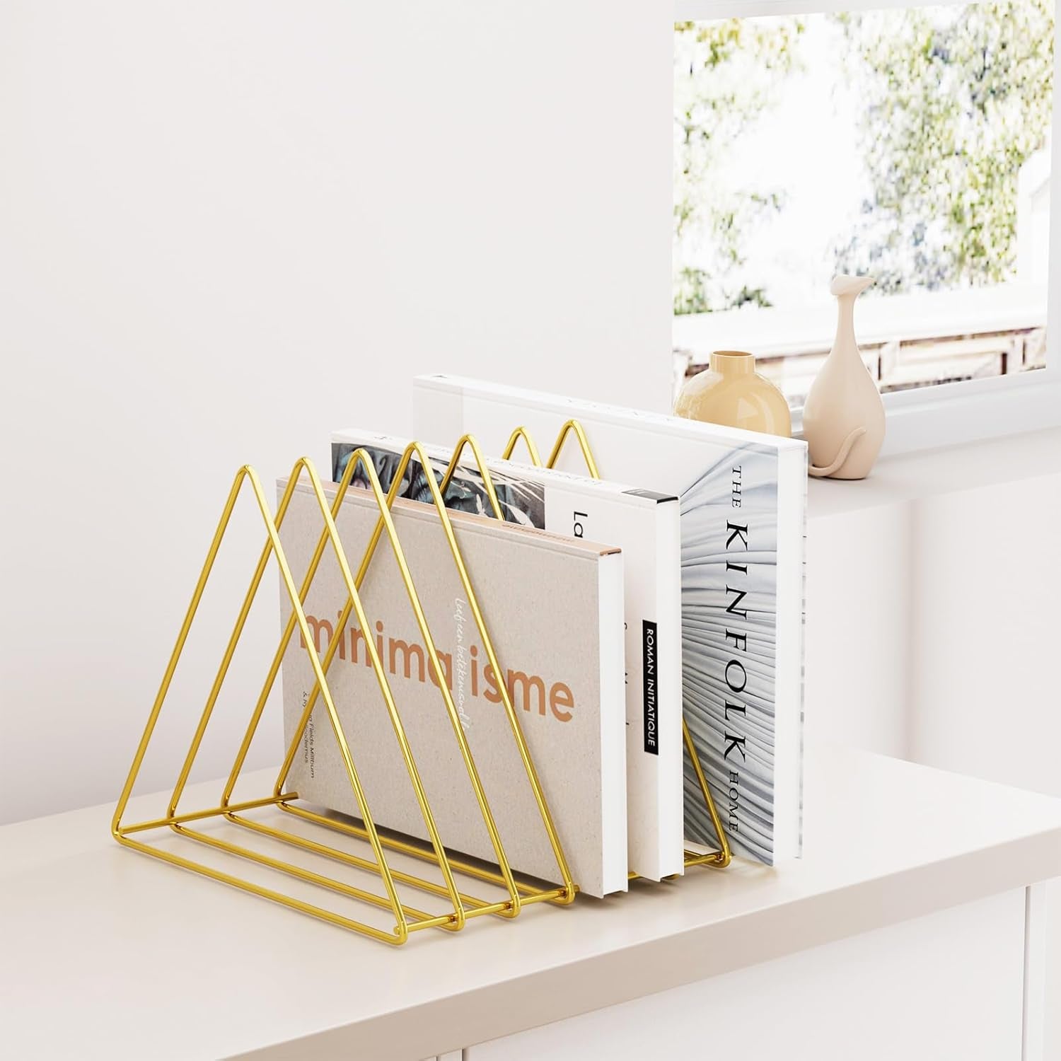 Triangle Desk Organizers Metal Wire Magazine Holder 7 Sections Decorative File Folder Organizer Vinyl Record Storage Office for Desk - Gold Magazine File Holder - Pack of 2