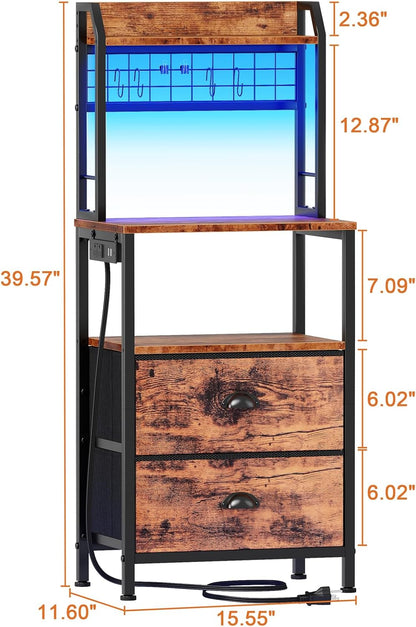 40'' Tall Nightstand with Charging Station, Bedside Table with LED Lights, End Table with 2 Drawers and Storage Shelves, Night Stand with Pegboard for Bedroom, Rustic Brown