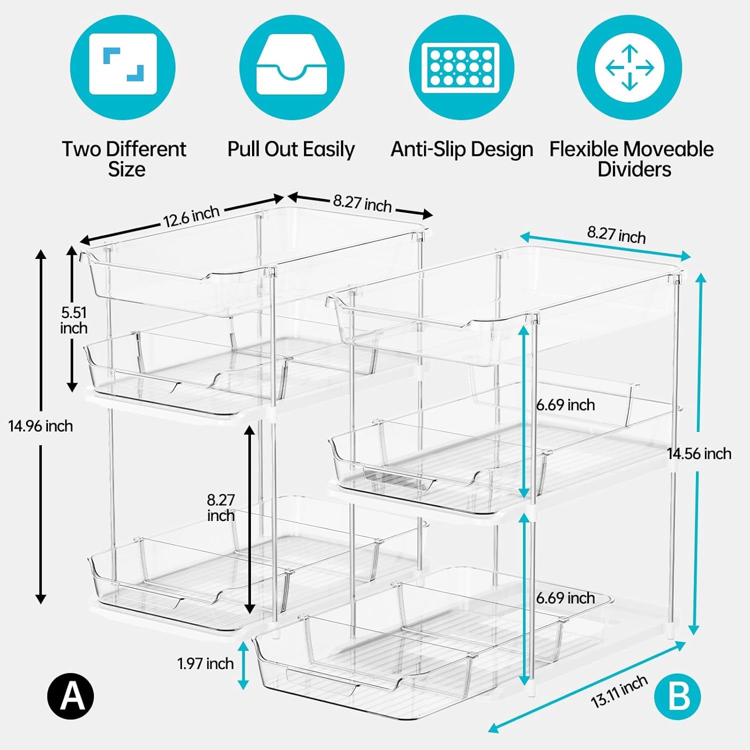 2 Sets of 3-Tier Bathroom under Sink Organizers and Storage, Multi-Purpose Stackable Pantry Organization and Storage, Pull Out Clear Kitchen Bathroom Cabinet Organizer with Movable Dividers