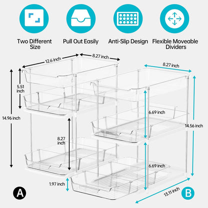 2 Sets of 3-Tier Bathroom under Sink Organizers and Storage, Multi-Purpose Stackable Pantry Organization and Storage, Pull Out Clear Kitchen Bathroom Cabinet Organizer with Movable Dividers