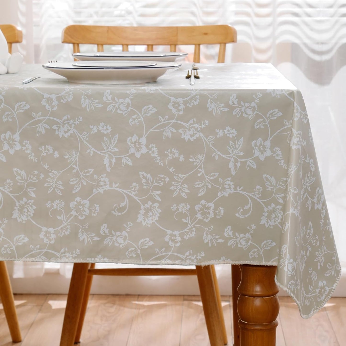 Heavy Duty Vinyl Tablecloth with Flannel Backing Waterproof Oil-Proof Plastic Table Cloth Stain-Resistant Wipeable Rectangle or Square Table Cover for Indoor and Outdoor (Beige Floral,54X54 Inch)