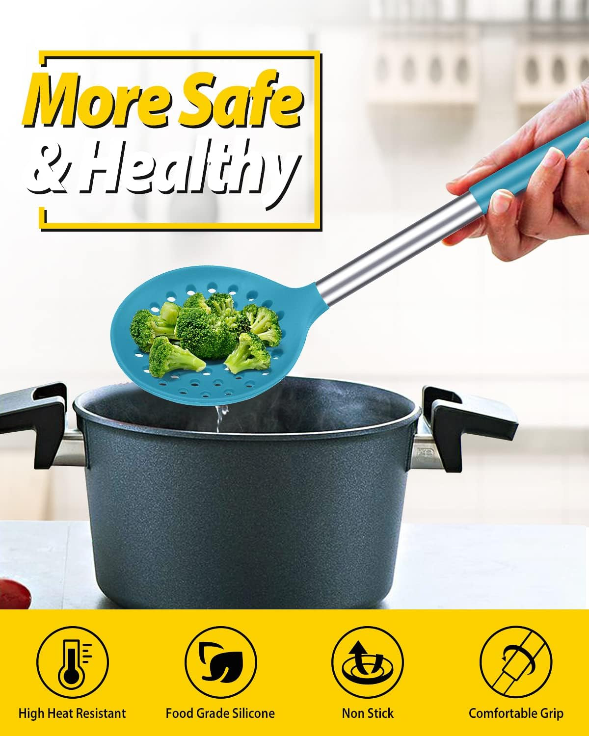 Kitchen Ladle Strainer Set of 2 Large Slotted Spoon with High Heat Resistant BPA Free Non Stick Cooking Skimmers for Draining and Frying (Grey and Teal Blue)