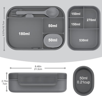 Stackable Bento Lunch Box for Adults and Teens - Durable Leak-Proof 4-Compartment Container with Utensils and Sauce Container, BPA-Free, Dishwasher and Microwave Safe, 47 Oz (Dark Gray)