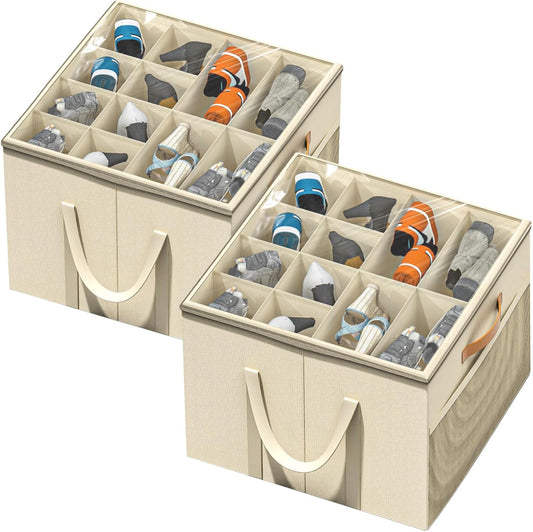 Shoe Storage Organizer for Closet, Large Shoe Box Storage Containers with Clear Cover and Reinforced Handles, Foldable Shoe Storage Organizer Box Bin, Fits to 12-16 Pairs, 2 Pack (Beige)