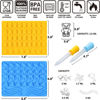 Gummy Bear Mold Candy Molds - Chocolate Molds Including Bears, Frogs, Lions, Monkeys, Penguins, Worms, Starfishs, Dolphins, Octopus, Sharks Sea Mold Set of 4 Silicone Molds