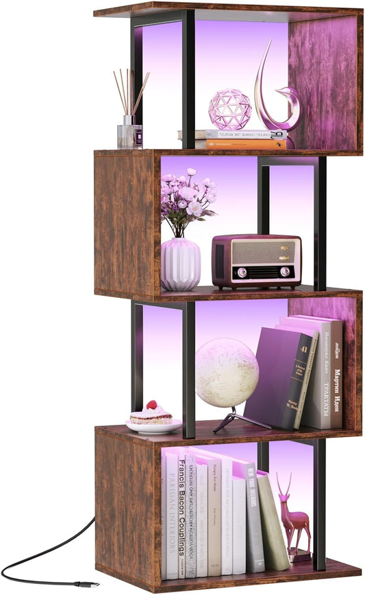 5 Tier Geometric Bookshelf with LED Light, Small S-Shaped Bookcase, Industrial Display Standing Shelf, Metal Wooden Decorative Storage Shelves for Bedroom, Living Room, Office, Rustic Brown