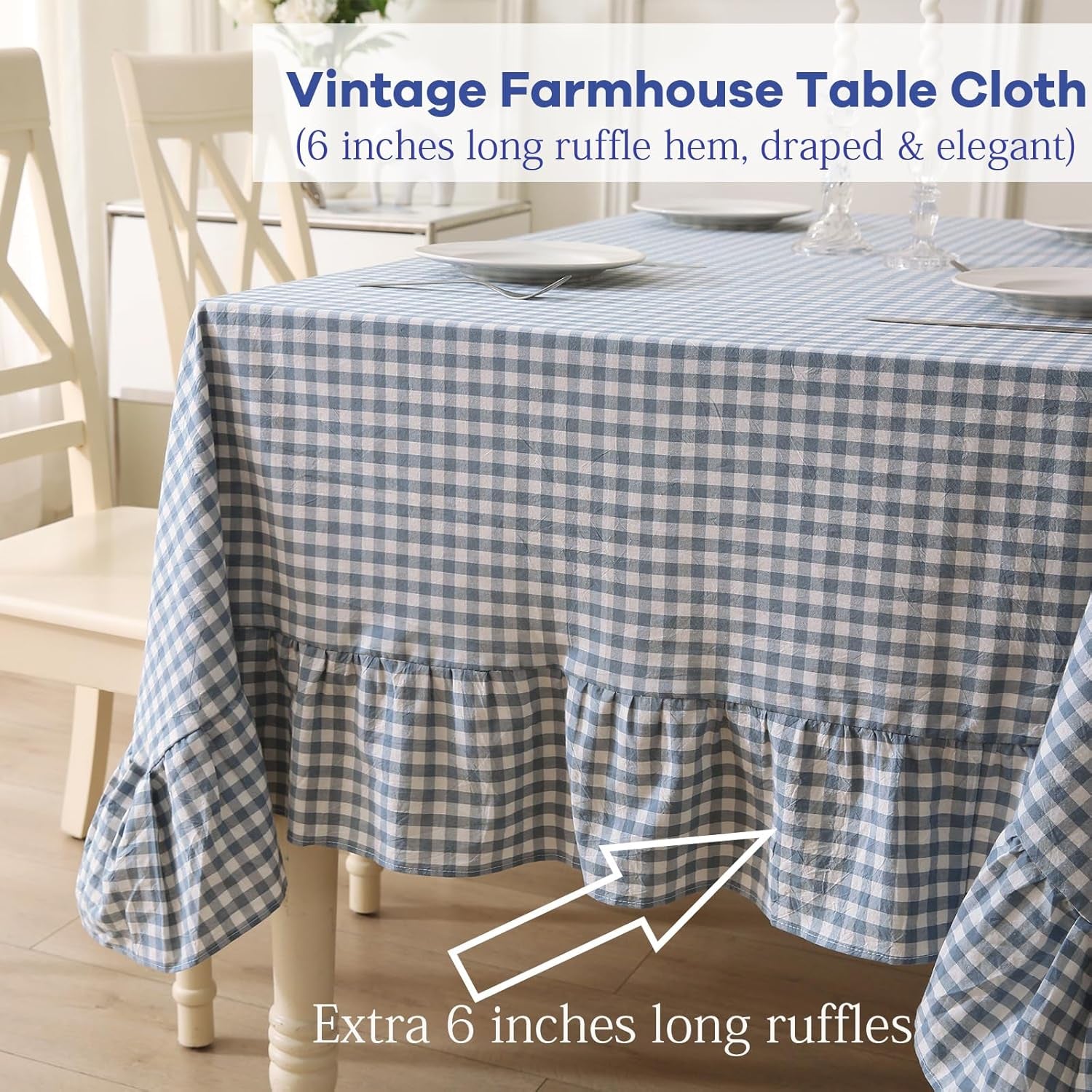 Dust Blue and White Plaid Cotton Ruffled Rectangular Tablecloth, 120 x 60 Inches, Vintage Cottage Style