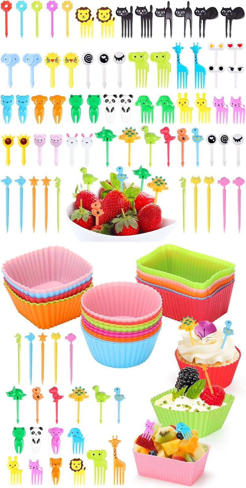 222 Pcs Silicone Lunch Box Dividers Set, Thicked Silicone Cupcake Liners for Baking, Reusable Lunch Bento Box Accessories with Animal Food Picks for Kids (20 Muffin Cups + 202 Food Picks)