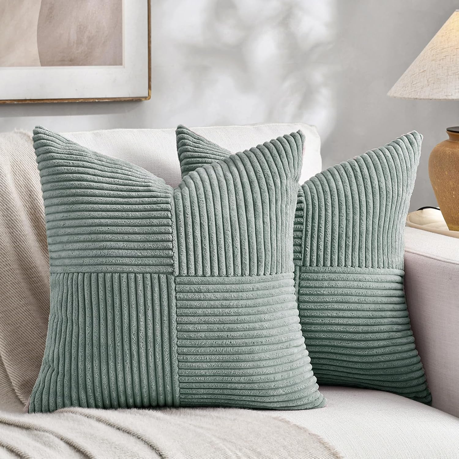 2 Packs Grey Blue Decorative Throw Pillow Covers 18X18 Inch for Couch Bed Sofa, Rustic Boho Farmhouse Home Decor, Soft Corss Corduroy Patchwork Textured Square Cushion Case 45X45 Cm