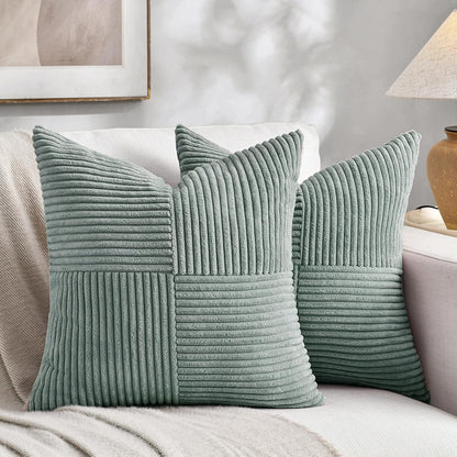 2 Packs Grey Blue Decorative Throw Pillow Covers 18X18 Inch for Couch Bed Sofa, Rustic Boho Farmhouse Home Decor, Soft Corss Corduroy Patchwork Textured Square Cushion Case 45X45 Cm