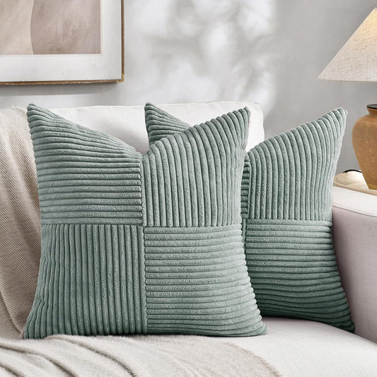 2 Packs Grey Blue Decorative Throw Pillow Covers 18X18 Inch for Couch Bed Sofa, Rustic Boho Farmhouse Home Decor, Soft Corss Corduroy Patchwork Textured Square Cushion Case 45X45 Cm