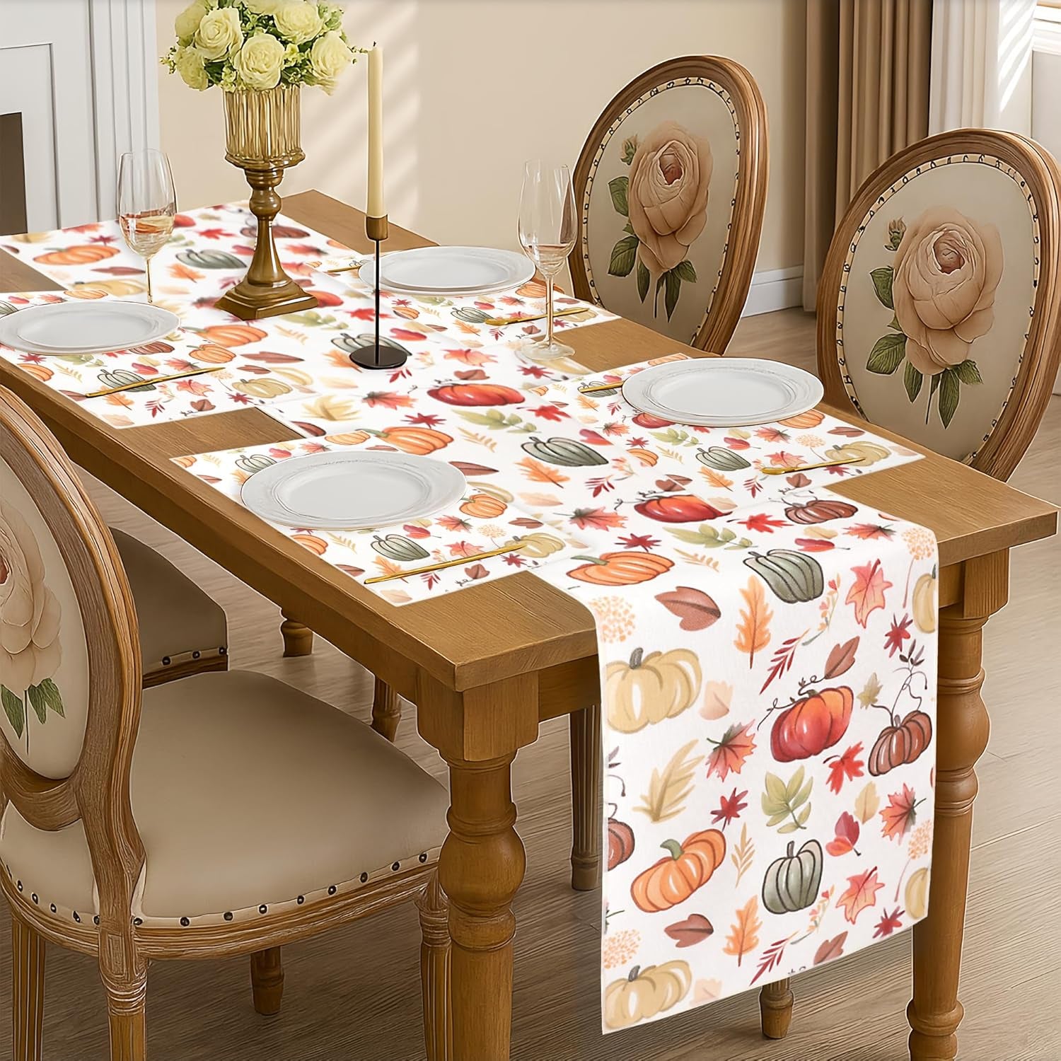 Fall Table Runner for Kitchen Dining Table, Thanksgiving Autumn Printed Harvest Pumpkins Maple Leaves Textured Fabric Halloween Holiday Home Decorations, Water-Proof, Washable, 13" W X 36" L