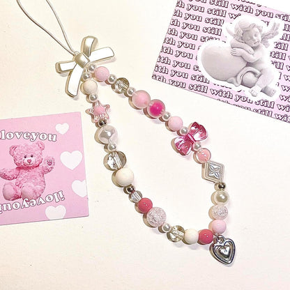 Pink Beaded Phone Charm Aesthetic Y2K Cell Phone Charms Strap Accessories for Keychain Camera