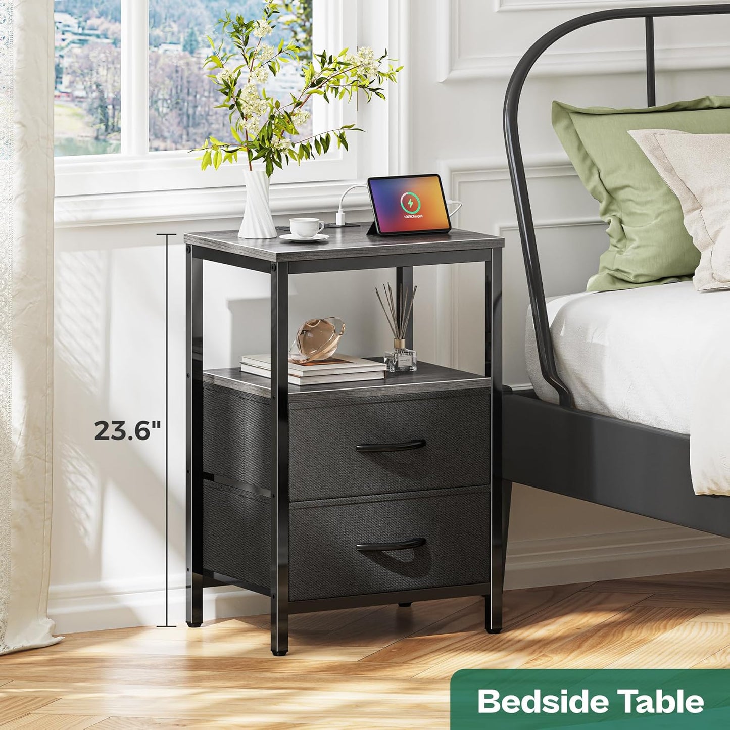 Charcoal Gray Nightstand with Integrated Charging Station, Fabric Drawers, Open Shelf, and USB Ports