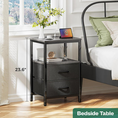 Charcoal Gray Nightstand with Integrated Charging Station, Fabric Drawers, Open Shelf, and USB Ports