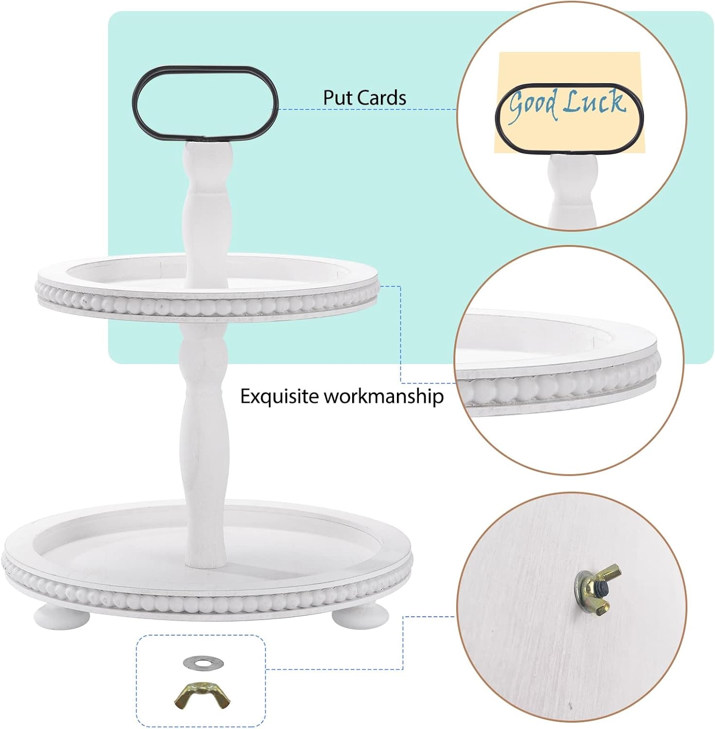 Wooden Decorative Tray Two Tiered Trays Decorations round Serving Tray with Metal Handle, Wooden Cupcake Stand for Party Tiered Dessert Stand - Retro White Farmhouse Wood Tray