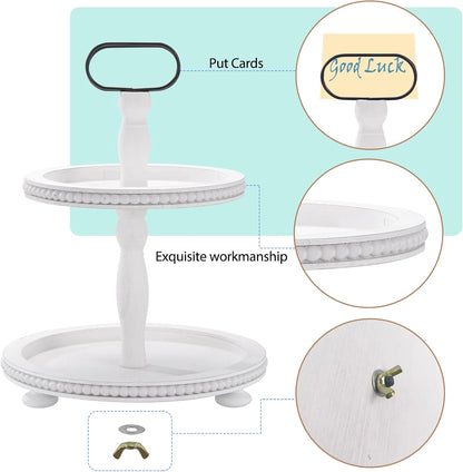 Wooden Decorative Tray Two Tiered Trays Decorations round Serving Tray with Metal Handle, Wooden Cupcake Stand for Party Tiered Dessert Stand - Retro White Farmhouse Wood Tray