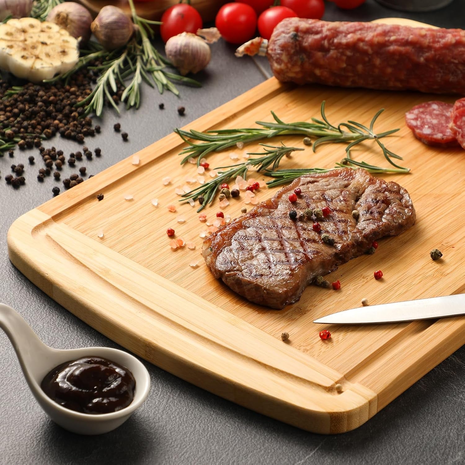 Large Wooden Cutting Board for Kitchen Meal Prep & Serving - Bamboo Cutting Boards with Juice Groove Side Handles, Charcuterie & Chopping Butcher Block - 100% Organic Bamboo, Pre Oiled, 16" X 10"