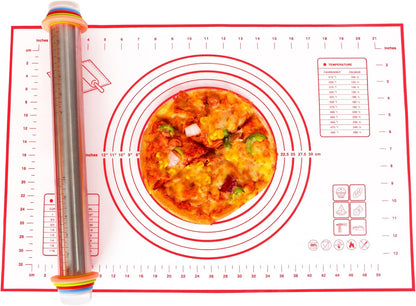 Adjustable Rolling Pin with Thickness Rings for Baking, Stainless Steel Desgins Dough Roller Pins with Silicone Pastry Nonstick Mat for Cookie Decorating Baking Supplies Fondant Cake Baker