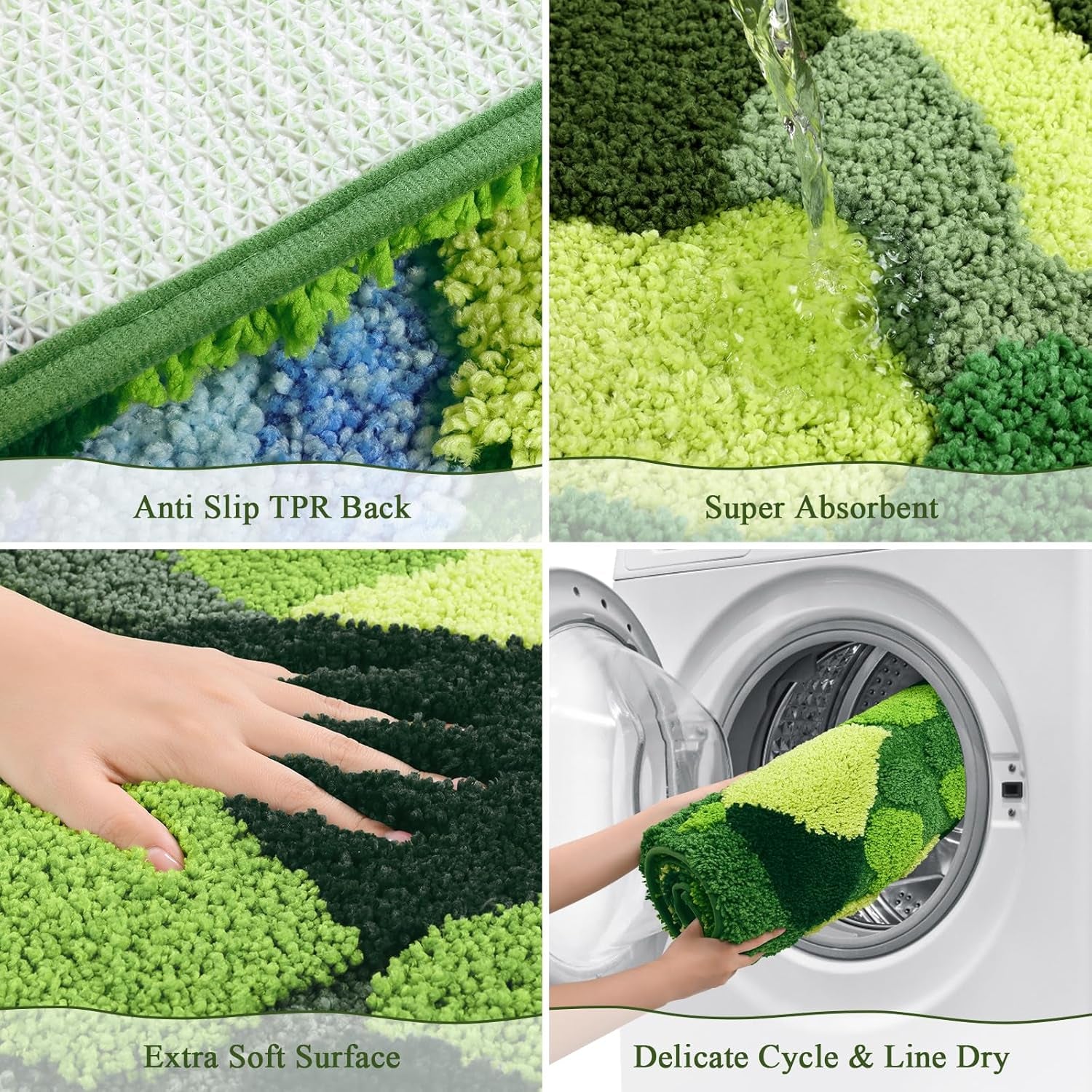 Soft Fluffy Green Moss Bath Rugs 20"X35" Non Slip Bath Mats Cute Fun Irregular Unique Bathroom Rugs Absorbent Carpet for Bathroom Shower Tub Bedroom Rug Decor, Multigreen Moss Blue Pond