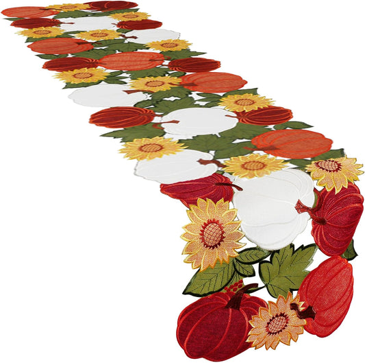 Thanksgiving Table Runner 70 Inches Long, Fall Table Runner Cutwork Applique Embroidered Pumpkin with Sunflower Dresser Scarf for Home Dining Holiday Autumn Halloween Decor, 13 X 70 Inch