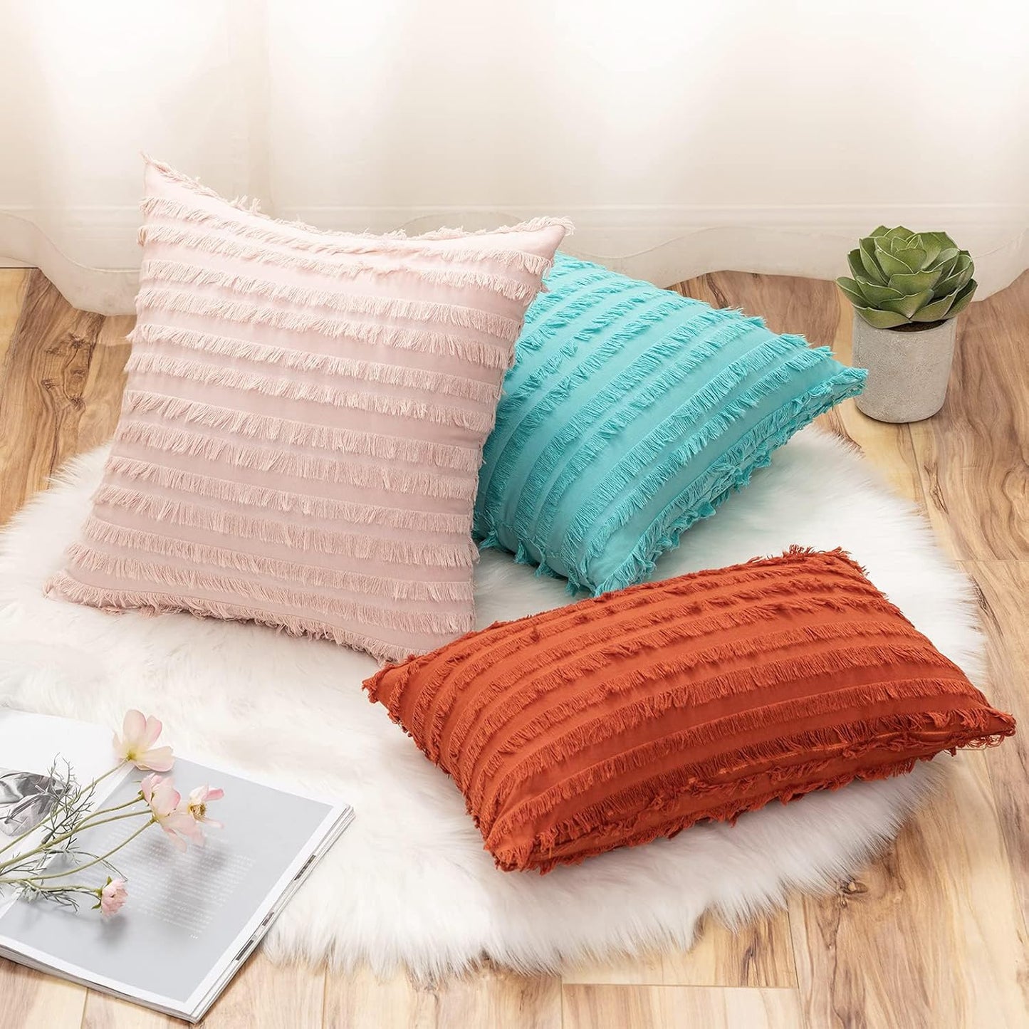 Set of 2 Fall Decorative Boho Throw Pillow Covers Linen Striped Jacquard Pattern Cushion Covers for Sofa Couch Living Room Bedroom 18X18 Inch Burnt Orange