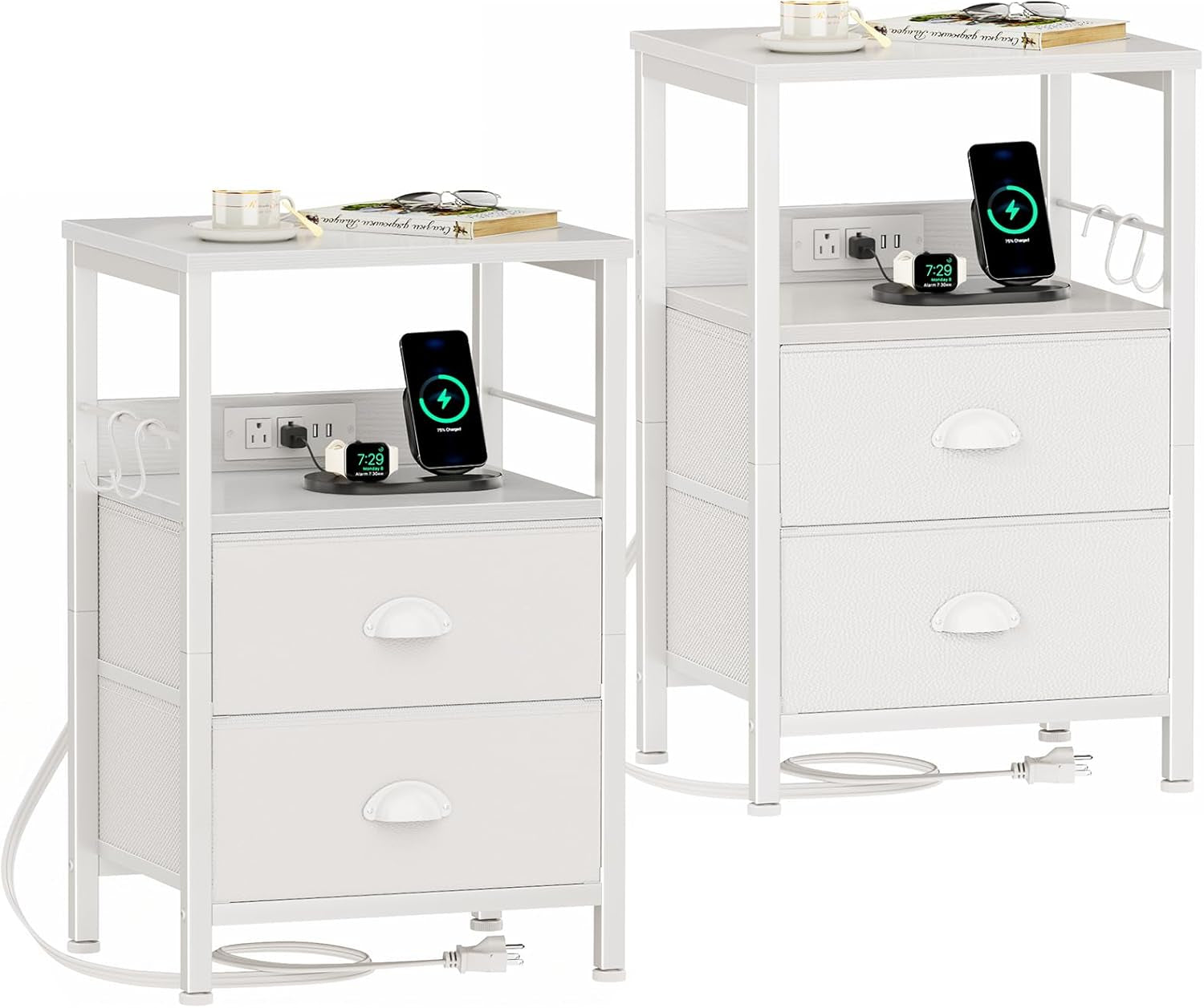 Nightstands Set of 2, Night Stands with Charging Station, Side Tables with 2 Fabric Drawers, End Tables with Storage Shelves, for Bedroom, White