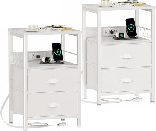 Nightstands Set of 2, Night Stands with Charging Station, Side Tables with 2 Fabric Drawers, End Tables with Storage Shelves, for Bedroom, White
